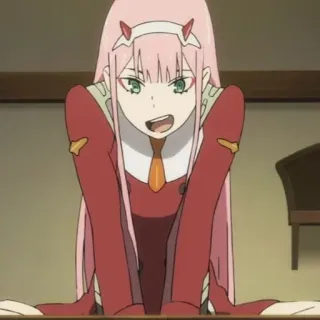 🍤 Zero Two Darling in the Franxx 动漫, 02, DARLING in the FRANXX, 粉色头发, 角, 动漫女孩, 卡通 telegram sticker