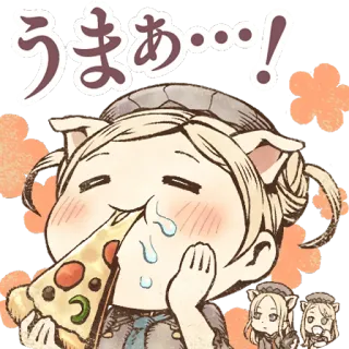 🤛 うまぁ…！ cute, anime, pizza, eating, cat ears, chibi telegram sticker