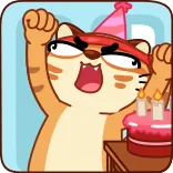 🥳 mèo, lễ kỷ niệm, sinh nhật, tiệc, bánh, phim hoạt hình, hài hước, động vật whatsapp sticker