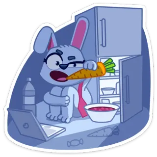 🥕 coniglio, cartone animato, mangiare, carota, frigorifero, computer, cibo whatsapp sticker
