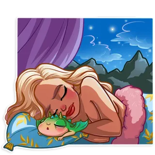 😴 schlafen, Frau, Drache, Bett, Cartoon, Nacht, Sterne telegram sticker