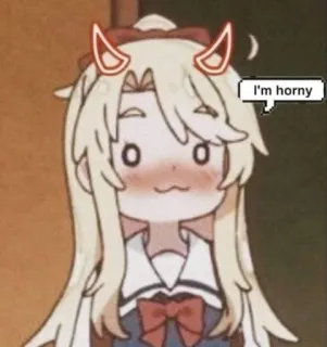 😩 I'm horny anime girl, devil horns, text, cartoon, digital art, blond hair, expression telegram sticker