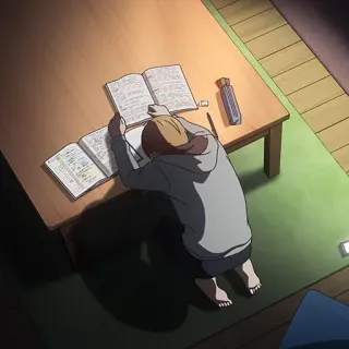 😔 lernen, tisch, bücher, anime, drinnen, person, müde, hausaufgaben telegram sticker