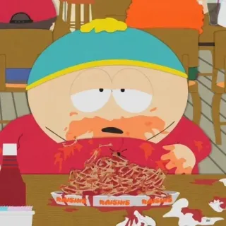😟 Eric Cartman South Park Raisins Eric Cartman, South Park, cartoni animati, uvetta, cibo, commedia telegram sticker