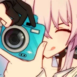 💌 Anime, Garota, Câmera, Fofa, Cabelo rosa, Tirando foto, Retrato whatsapp sticker
