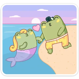 😘 กบ, นางเงือก, ชายหาด, ความรัก, การ์ตูน, จูบ, ฤดูร้อน telegram sticker