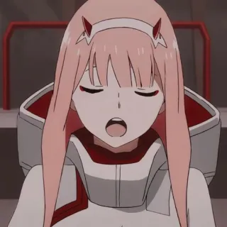 ✨ Zero Two Darling in the Franxx Anime, Zero Two, Darling in the Franxx, cheveux roses, cornes, fille anime telegram sticker