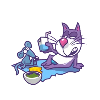 😒 gatto, topo, cartone animato, bevanda, formaggio, relax, rilassarsi telegram sticker