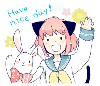 👋 Have nice day! carino, kawaii, anime, cartoni animati, coniglio, fiori, amichevole whatsapp sticker