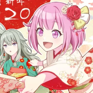 😃 新年 anime, kawaii, cute, kimono, new year, flowers, pink hair, green hair whatsapp sticker