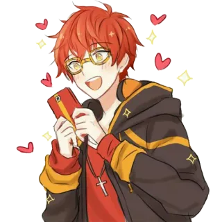 😃 707 Mystic Messenger anime, character, glasses, smile, hearts telegram sticker