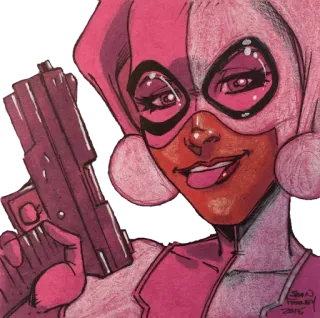 😜 comic book character, weapon, pistol, pink, mask, superhero, gun, female character telegram sticker