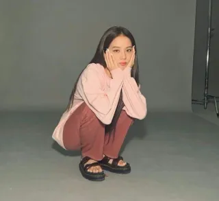 🦋 kobieta, różowy, siedząca, koreańska, casual, portret telegram sticker