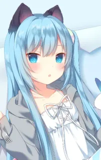 😯 Anime, Cô gái, Dễ thương, Mèo, Tai, Tóc xanh telegram sticker