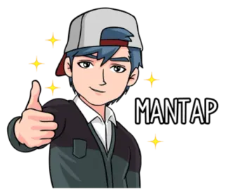 👍 MANTAP uomo, cappellino, mantap, pollice in su, indo, indonesia whatsapp sticker