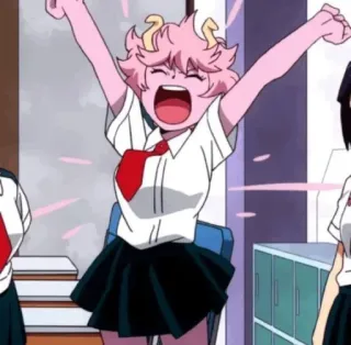 🦄 Mina Ashido My Hero Academia Anime, Mina Ashido, My Hero Academia, pinke Haare, Schuluniform, Feier, glücklich, fröhlich telegram sticker