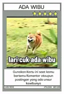 ⚫ ADA WIBU
lari cuk ada wibu
Gunakan Kartu ini saat kamu
bertemu Komentar ataupun
postingan yang ada unsur
kewibunya Meme, Cane, Carta, Wibu, Internet telegram sticker