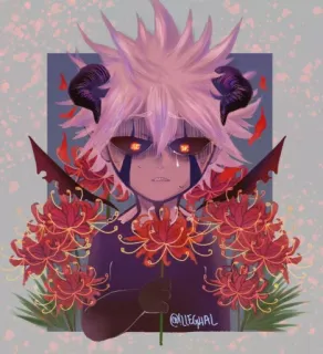 😞 Anime, Demônio, Chifres, Flores, Triste, Arte, Ilustração telegram sticker