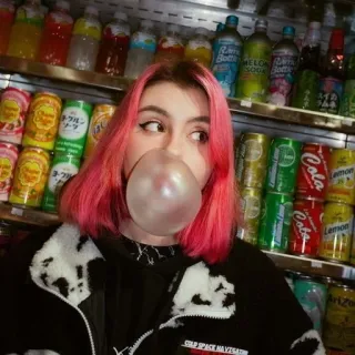 🤟 woman, bubblegum, pink hair, store, drinks, portrait telegram sticker