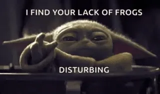 👀 Grogu The Mandalorian I FIND YOUR LACK OF FROGS
DISTURBING грогу, малыш йода, мандалорец, звёздные войны, средний палец, оскорбительный telegram sticker