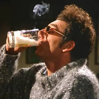 🚬 Kramer Seinfeld hombre, bebiendo, cerveza, gafas de sol, suéter, humo, comedia, programa de televisión telegram sticker