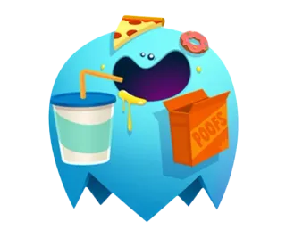 🍕 POOFS jedzenie, kreskówka, postać, pizza, pączek, napój, pudełko telegram sticker