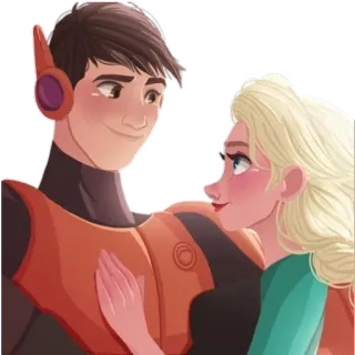 👨‍❤️‍👨 Hiro Hamada, Elsa фанарт, кроссовер, Дисней, мультфильмы, Холодное сердце, Город героев, мультфильм telegram sticker