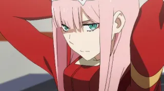 😠 Zero Two Darling in the Franxx Anime, Zero Two, Darling in the Franxx, pinke Haare, Charakter, Mädchen telegram sticker