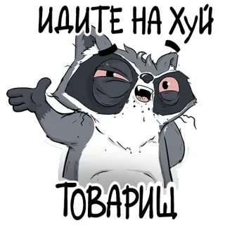 😉 ИДИТЕ НА ХУЙ
ТОВАРИЩ rakun, rusia, menyinggung, penghinaan, kata kotor, marah, kartun whatsapp sticker