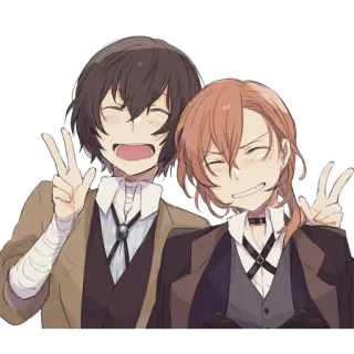 😁 Anime, Charaktere, Freundschaft, Friedenszeichen, lächelnd, Dazai Osamu, Chuya Nakahara, Bungo Stray Dogs telegram sticker