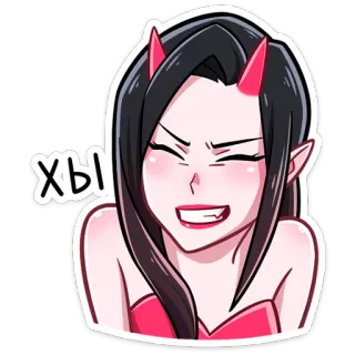 😄 Хы! chica anime, demonio, cuernos, sonriendo con sorna, dibujos animados, mujer, diablo telegram sticker