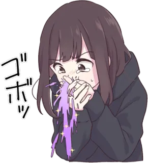 🤮 Animé, Pleurs, Vomissement, Dessin animé, Violet, Fille whatsapp sticker