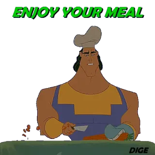 🍳 Kronk ENJOY YOUR MEAL ครังก์, จักรพรรดิเทพเจ้า, เชฟ, สนุก, มื้ออาหาร, การ์ตูน telegram sticker