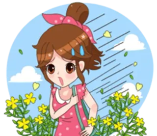 😥 desenho animado, menina, ventando, suor, assustada, flor whatsapp sticker