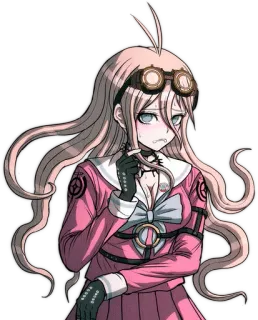 😕 Miu Iruma Danganronpa V3: Killing Harmony anime, blond włosy, rękawiczki, gogle, nerwowy, Danganronpa whatsapp sticker