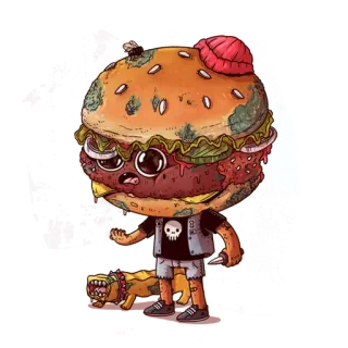 😠 burger, cartoon, zombie, knife, horror, creepy, dog, character telegram sticker