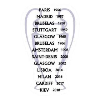 🤍 PARIS 1956
MADRID 1957
BRUSELAS 1958
STUTTGART 1959
GLASGOW 1960
BRUSELAS 1966
AMSTERDAM 1998
SAINT-DENIS 2000
GLASGOW 2002
LISBOA 2014
MILAN 2016
CARDIFF 2017
KIEV 2018 fútbol, fútbol, UEFA, Champions League, trofeo, lugares, años whatsapp sticker