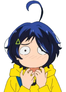 😶 Ai Ohto Wonder Egg Priority anime, girl, yellow hoodie, blue hair, Ai Ohto telegram sticker