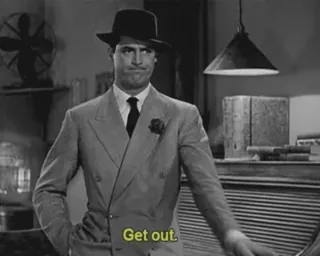 😎 Get out. man, hat, suit, black and white, get out, gesture, movie scene telegram sticker