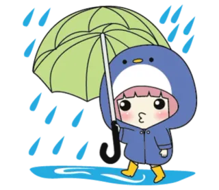 🌂 펭귄, 우산, 비, 귀여운, 만화, 소녀, 레인코트 telegram sticker