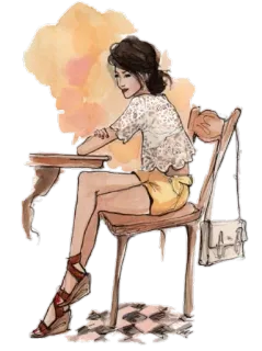 😁 mulher, ilustração, sentada, cadeira, mesa, moda whatsapp sticker