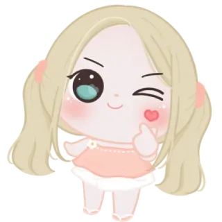 🍬 dibujo animado, mono, kawaii, personaje, ilustración, chica, guiño, corazón con los dedos telegram sticker