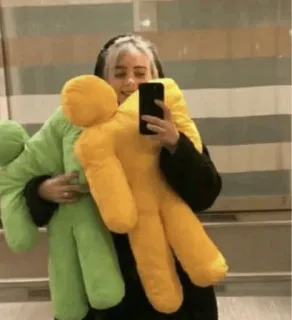 ✨ Billie Eilish, célébrité, figure jaune, figure verte, câlin, selfie, drôle, personnes telegram sticker