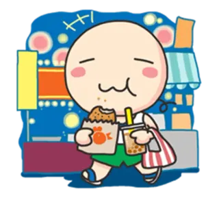 🍔 การ์ตูน, กำลังกิน, ชานมไข่มุก, อาหาร, ถนน, กลางคืน, น่ารัก telegram sticker