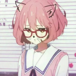 🌟 アニメ, 猫耳, 女の子, ピンク髪, メガネ, カートゥーン, かわいい telegram sticker