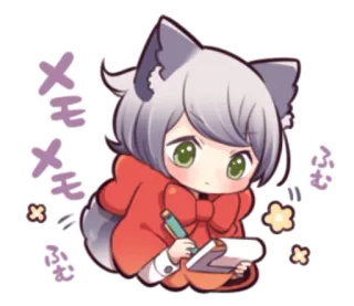 🔖 メモメモ ふむ ふむ kawaii, imut, anime, manga, menulis, serigala, chibi, telinga hewan telegram sticker