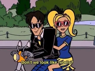 🌟 Don't we look like rebels? cartoon, couple, motorcycle, rebels telegram sticker