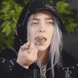 🕷 Billie Eilish Billie Eilish, cantora, celebridade, comendo, comida, moletom com capuz telegram sticker