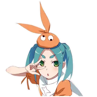 ✌ Anime, Ragazza, Segno di pace, Arancione, Coniglio, Capelli blu, Cartone animato, Adesivo telegram sticker
