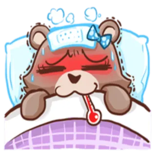 🤒 生病, 不舒服, 发烧, 熊, 卡通, 温度计, 头痛 telegram sticker